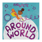 Coloring activity book cover with a child and yellow sloth and pencil on a globe, titled 'Aya & Pete Around the World'.