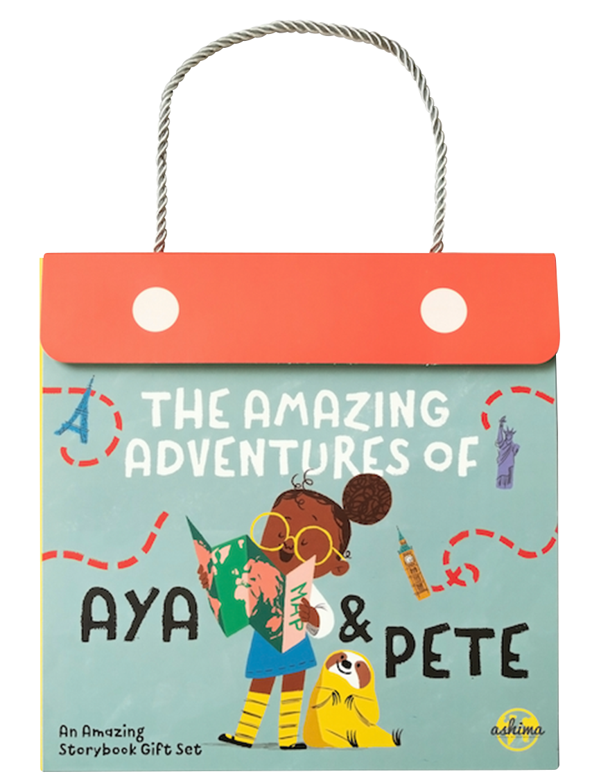 mage features a colorful box with top cord handle and flap closures, with illustrations of a brown skinned girl reading a map, seated next to her is a sloth pet. Images of the Eiffel Tower, Big Ben and the Statue of Liberty appear in the background.
