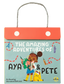 mage features a colorful box with top cord handle and flap closures, with illustrations of a brown skinned girl reading a map, seated next to her is a sloth pet. Images of the Eiffel Tower, Big Ben and the Statue of Liberty appear in the background.